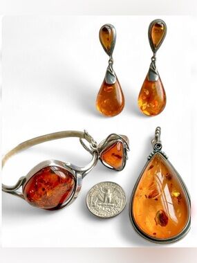 Vtg Baltic Amber & Sterling Silver Jewelry Set (6 Pieces)